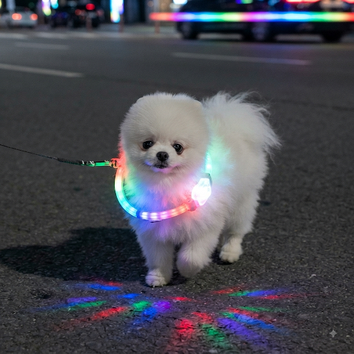 じぇみたむのアイコン。夜の街を歩く白いポメラニアン